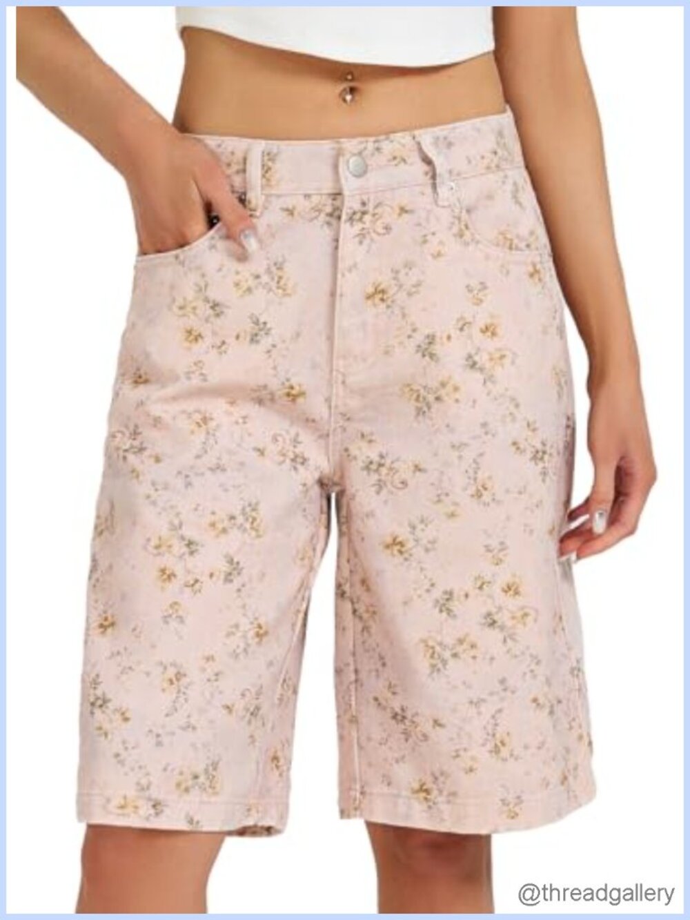 Floral Denim Bermuda Shorts for Women Mid Rise Wide Leg Jorts